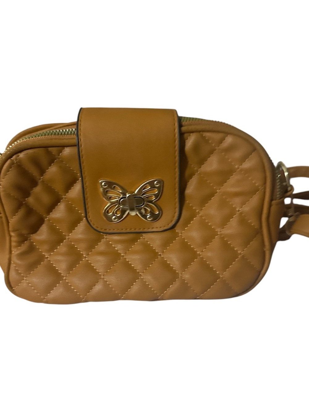Boutique Quilted Crossbody Bag with Butterfly Accent - Tan gold turnlock rem str